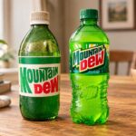 A vintage bottle of mountain dew next to a modern bottle on a kitchen table
