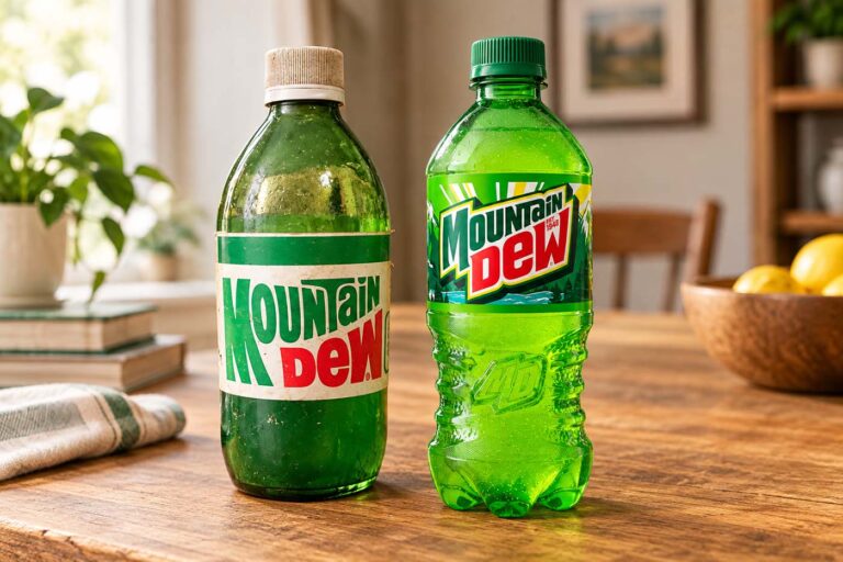 A vintage bottle of mountain dew next to a modern bottle on a kitchen table