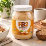 PB2 Original powdered peanut butter jar on a kitchen counter beside a bowl of oatmeal topped with banana and strawberries, banana toast, a bowl of powdered peanut butter, and a mug in a bright, sunlit kitchen.