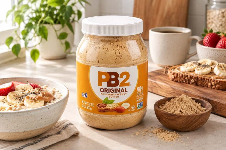 PB2 Original powdered peanut butter jar on a kitchen counter beside a bowl of oatmeal topped with banana and strawberries, banana toast, a bowl of powdered peanut butter, and a mug in a bright, sunlit kitchen.