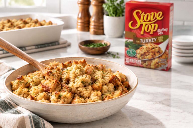 a prepared bowl of stove top stuffing with the box in the background. a clean and bright kitchen counter setting