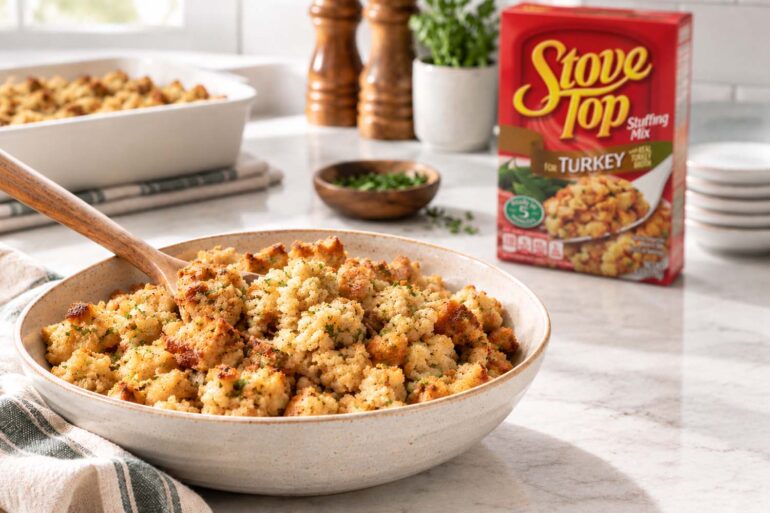 a prepared bowl of stove top stuffing with the box in the background. a clean and bright kitchen counter setting