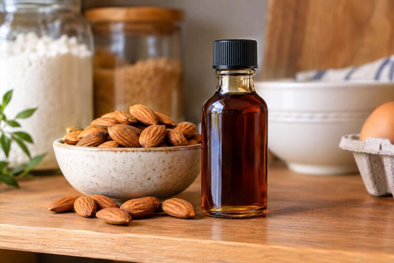 a bottle of almond extract on a kitchen counter next to a bowl of almonds