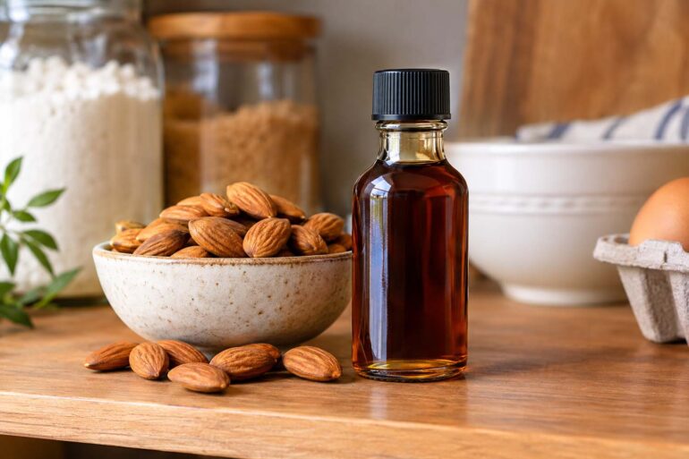 a bottle of almond extract on a kitchen counter next to a bowl of almonds
