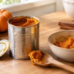 Opened can of pumpkin purée with a spoonful of pumpkin beside a bowl of purée on a wooden kitchen counter, with a small pumpkin and cinnamon sticks in the background.