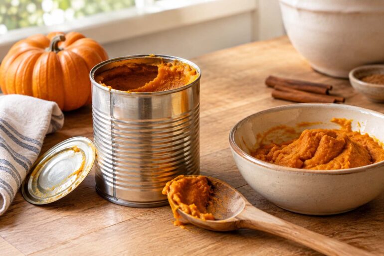Opened can of pumpkin purée with a spoonful of pumpkin beside a bowl of purée on a wooden kitchen counter, with a small pumpkin and cinnamon sticks in the background.