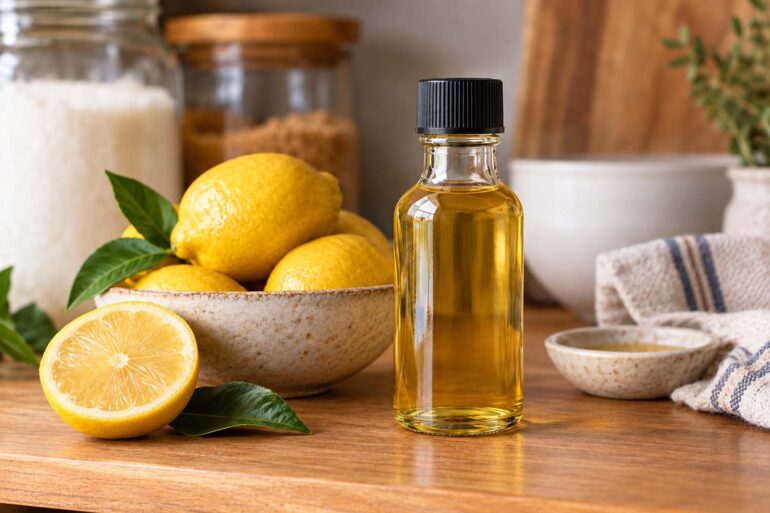 a bottle of lemon extract on a kitchen counter next to a bowl of lemons