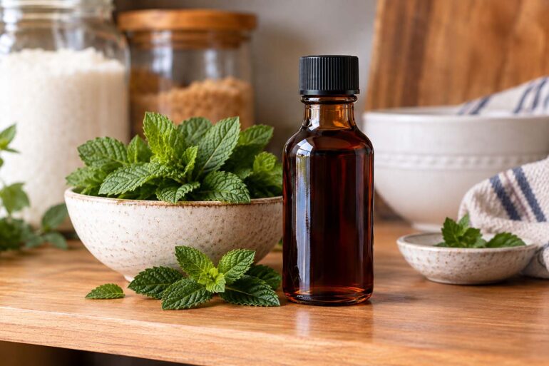 a bottle of peppermint extract on a kitchen counter next to a bowl of mint leaves