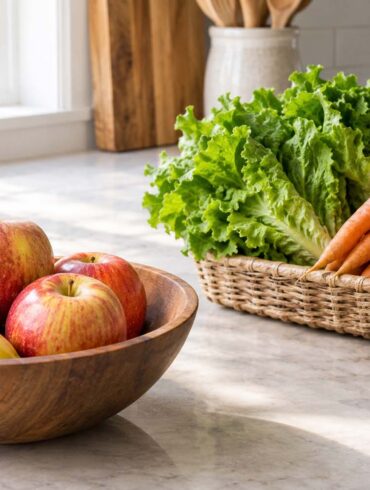 two distinct groups of fresh produce intentionally separated from each other. In the foreground, several ripe red and pink apples and one ripe yellow banana sit naturally together in a simple shallow wooden bowl. A short distance away, a loose arrangement of crisp leafy green lettuce, fresh carrots with natural tops, and a few firm cucumbers sits in a separate open produce basket