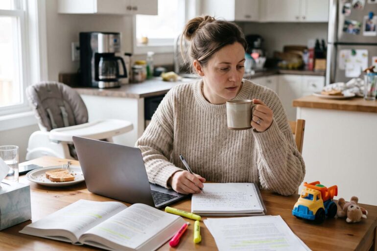 A 35-year-old mother wearing a cozy sweater studies on her laptop at the kitchen table in the early morning, with a notebook, coffee mug, and a child's toy nearby.