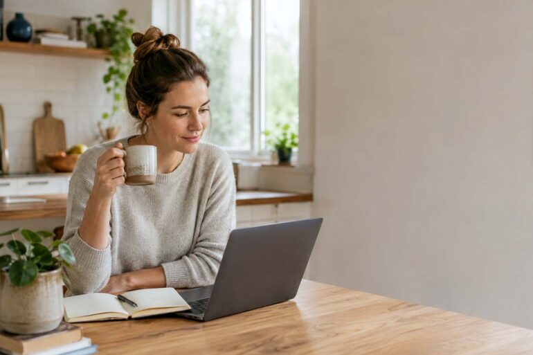 A woman in her 30s wearing a cozy cream sweater sits at a sunlit wooden kitchen table, holding a ceramic coffee mug while reviewing her budget on a laptop. An open notebook and pen sit in front of her, with potted plants and a bright, tidy kitchen in the background. Warm natural light and a calm, uncluttered setting create an inviting scene of everyday budgeting and financial well-being.