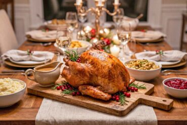 A roasted turkey on a carving board at the center of a set holiday dinner table with side dishes around it