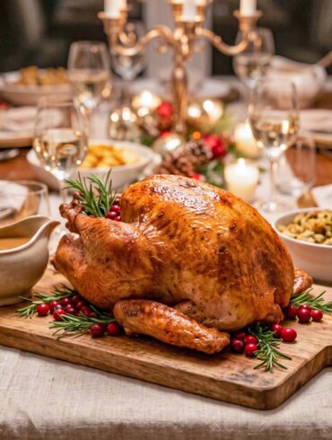 A roasted turkey on a carving board at the center of a set holiday dinner table with side dishes around it