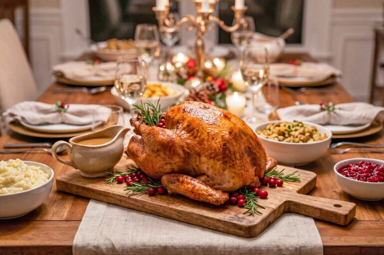 A roasted turkey on a carving board at the center of a set holiday dinner table with side dishes around it