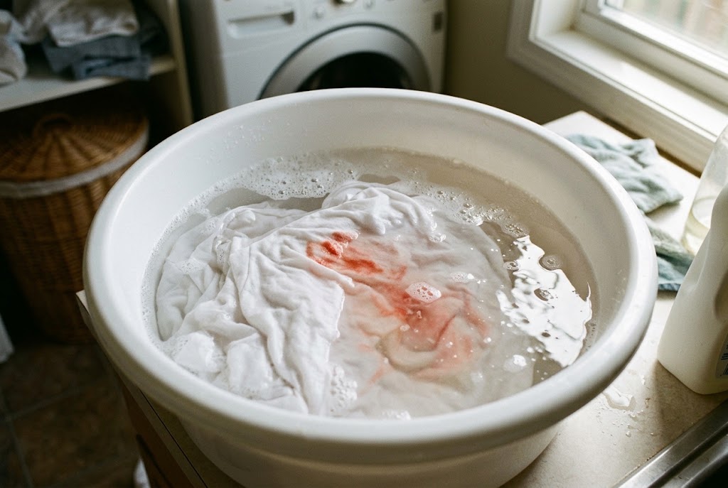 Soaking a costume shirt stained with fake blood in a large bowl inside a laundry room
