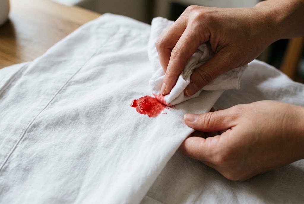 Up close hand blotting up excess fake blood from a costume shirt