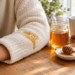 Golden honey dripping onto the sleeve of a cream knit sweater beside a jar of honey and a wooden dipper on a kitchen table