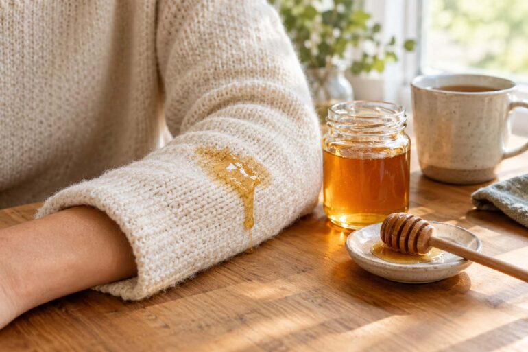 Golden honey dripping onto the sleeve of a cream knit sweater beside a jar of honey and a wooden dipper on a kitchen table