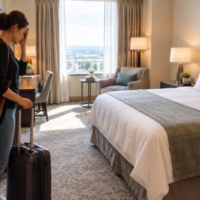 A weary traveler stands in the doorway of an upscale hotel room with one rolling suitcase, resting a hand against her forehead in frustration after arriving. The room features a neatly made bed, warm neutral furnishings, a sitting area, soft carpet, bedside tables, and natural daylight from a large window.