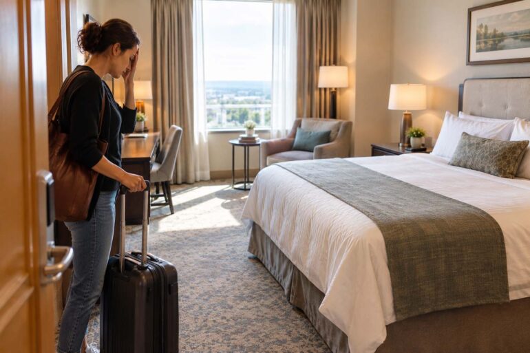 A weary traveler stands in the doorway of an upscale hotel room with one rolling suitcase, resting a hand against her forehead in frustration after arriving. The room features a neatly made bed, warm neutral furnishings, a sitting area, soft carpet, bedside tables, and natural daylight from a large window.
