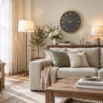 an elegant, understated living room in soft morning light: a greige linen sofa with a few muted pillows, a large round wall clock above a console table, a vase of fresh white flowers, a sculptural floor lamp with a warm glow, a quality wool rug, tidy uncluttered surfaces, natural wood accents, calm and refined mood