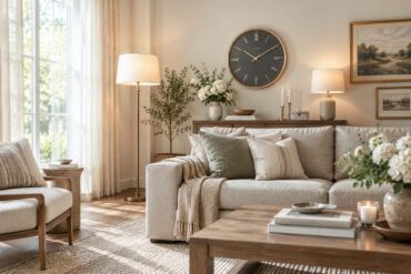 an elegant, understated living room in soft morning light: a greige linen sofa with a few muted pillows, a large round wall clock above a console table, a vase of fresh white flowers, a sculptural floor lamp with a warm glow, a quality wool rug, tidy uncluttered surfaces, natural wood accents, calm and refined mood
