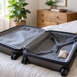 Open hard-shell suitcase with a fabric lining and deodorizing sachet on a neatly made bed in a bright, airy bedroom, with folded clothes and a straw hat nearby.