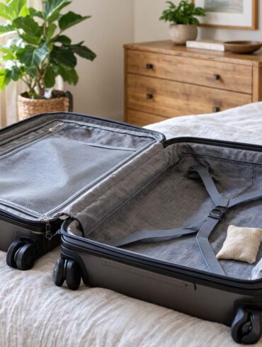 Open hard-shell suitcase with a fabric lining and deodorizing sachet on a neatly made bed in a bright, airy bedroom, with folded clothes and a straw hat nearby.