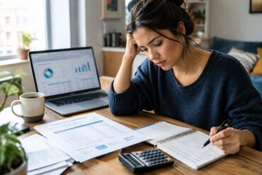 A young woman reviews student loan paperwork and a monthly budget at her kitchen table, using a calculator and laptop to organize her finances, with soft natural window light.