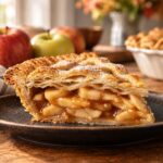 A flaky slice of golden apple pie with cinnamon-spiced apple filling on a dark ceramic plate, with fresh apples, a whole pie, and warm natural light in a cozy rustic kitchen.