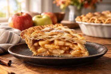 A flaky slice of golden apple pie with cinnamon-spiced apple filling on a dark ceramic plate, with fresh apples, a whole pie, and warm natural light in a cozy rustic kitchen.