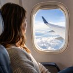 a woman on a commercial flight in the window set looking out at the wing above the clouds