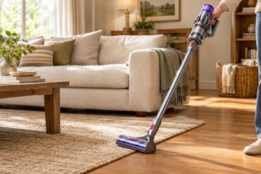 A cordless vacuum with a purple canister and floor head cleans a woven rug beside a beige sofa in a bright, sunlit living room.
