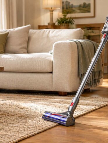 A cordless vacuum with a purple canister and floor head cleans a woven rug beside a beige sofa in a bright, sunlit living room.