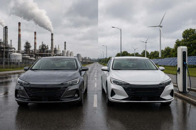Two sedans side by side: a gas-powered car in front of an industrial plant and an electric car beside wind turbines, solar panels, and a charging station