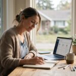 A thoughtful woman sits at a sunlit wooden desk by a large window, writing in a notebook next to an open laptop. A coffee mug and a small potted plant rest on the desk, with a peaceful, blurred neighborhood visible outside in the warm morning light.