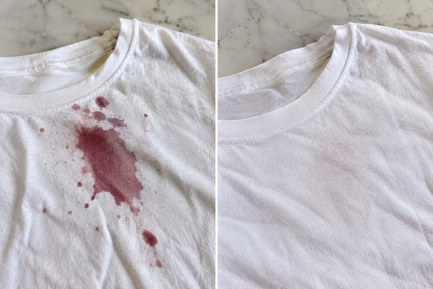 White cotton t-shirt with a fresh red wine splatter stain on the left and the same shirt on the right after treatment and washing, with only a faint pink trace left