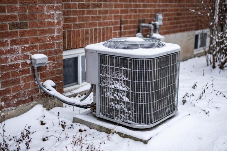 An uncovered outdoor central air conditioning unit sitting next to a brick house in the winter, surrounded by a light layer of snow.