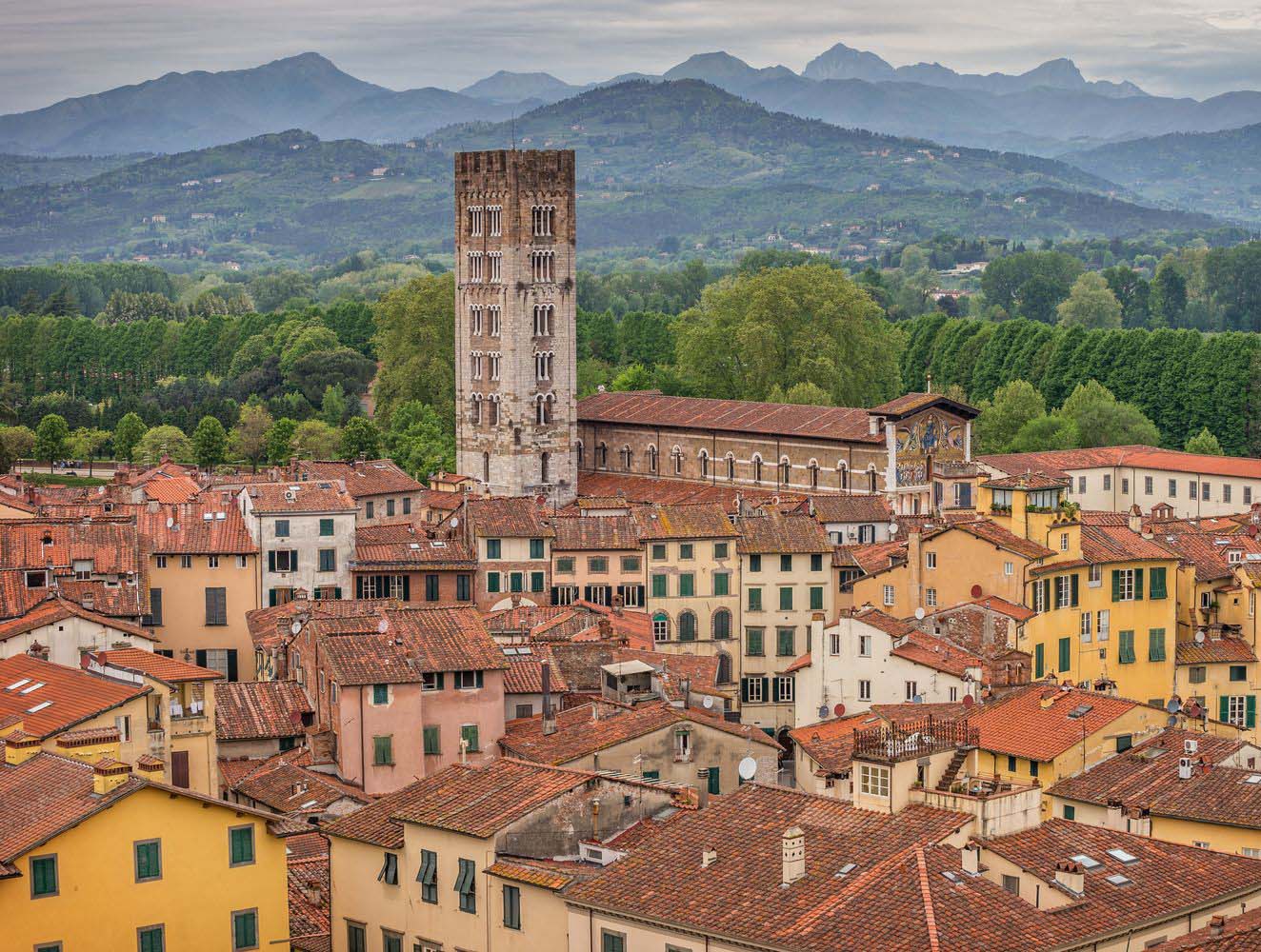 A stunning aerial view of the medieval town of Lucca in Italy, showcasing its vibrant rooftops and historic architecture.