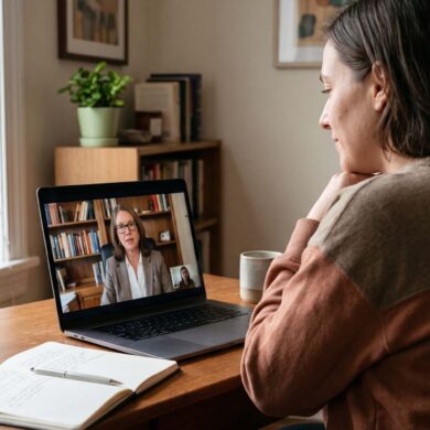 An adult sits at a wooden desk in a comfortably lit home, viewed from over their shoulder. They are attentively engaged in a virtual mental health appointment on their laptop. The screen displays a professional psychiatric provider on a video call in an office setting. An open notebook and a pen rest on the desk next to the computer, illuminated by soft natural light from a nearby window.