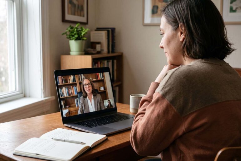 An adult sits at a wooden desk in a comfortably lit home, viewed from over their shoulder. They are attentively engaged in a virtual mental health appointment on their laptop. The screen displays a professional psychiatric provider on a video call in an office setting. An open notebook and a pen rest on the desk next to the computer, illuminated by soft natural light from a nearby window.