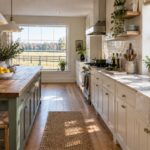 Bright farmhouse kitchen with a rustic wood island, sage-green cabinetry, bowls of lemons, and large windows overlooking a fenced country field.