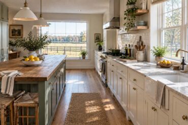 Bright farmhouse kitchen with a rustic wood island, sage-green cabinetry, bowls of lemons, and large windows overlooking a fenced country field.