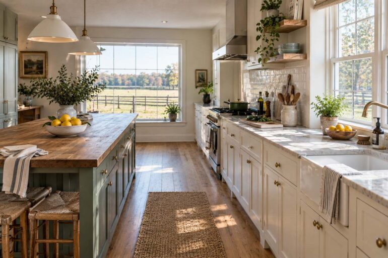 Bright farmhouse kitchen with a rustic wood island, sage-green cabinetry, bowls of lemons, and large windows overlooking a fenced country field.