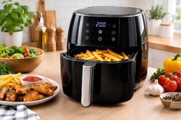 A modern air fryer on a clean kitchen countertop, surrounded by fresh vegetables, crispy fries, grilled chicken, herbs, spices, and cooking ingredients.