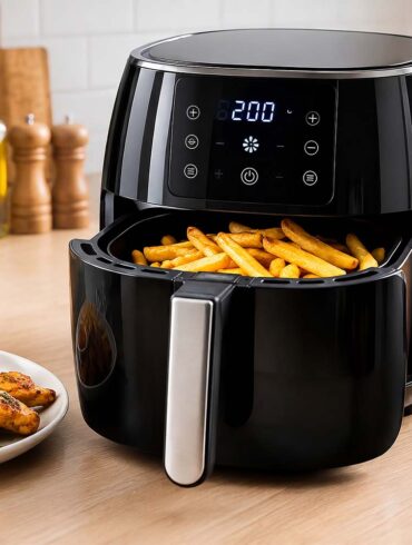 A modern air fryer on a clean kitchen countertop, surrounded by fresh vegetables, crispy fries, grilled chicken, herbs, spices, and cooking ingredients.