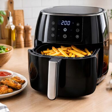 A modern air fryer on a clean kitchen countertop, surrounded by fresh vegetables, crispy fries, grilled chicken, herbs, spices, and cooking ingredients.