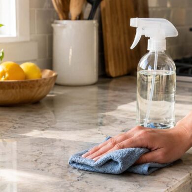 A hand in a cream-colored sweater wipes a light, softly veined stone kitchen countertop with a folded blue microfiber cloth. A clear, unbranded spray bottle containing a small amount of transparent liquid sits nearby. Warm natural sunlight enters from the left, illuminating the countertop and creating soft reflections. In the background are a potted green herb, a wooden bowl holding lemons, a white utensil container with wooden tools, upright wooden cutting boards, and a dark pot on the stovetop.