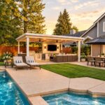Inviting backyard with a swimming pool, spa, covered outdoor kitchen and lounge area, dining table, landscaped garden, and gray two-story home at sunset.