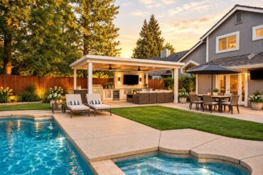 Inviting backyard with a swimming pool, spa, covered outdoor kitchen and lounge area, dining table, landscaped garden, and gray two-story home at sunset.